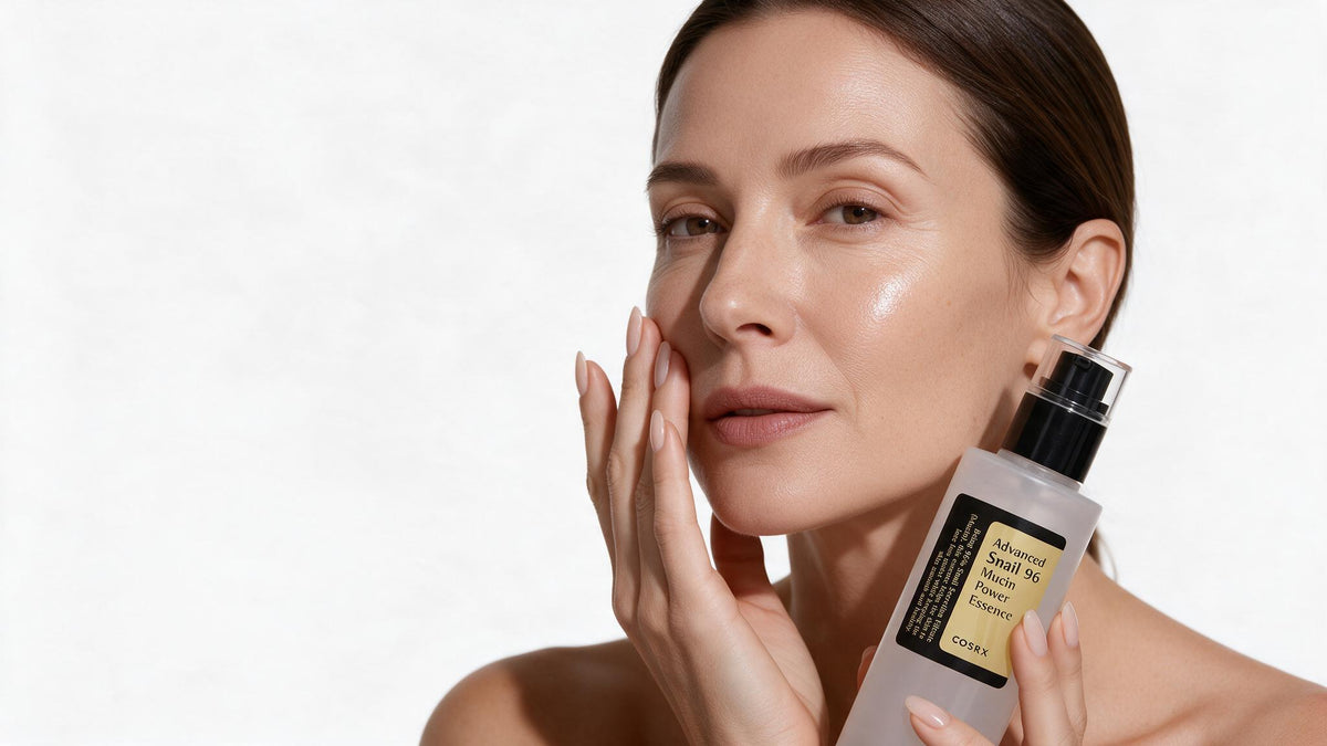 Model holding a Korean skincare product next to her cheek
